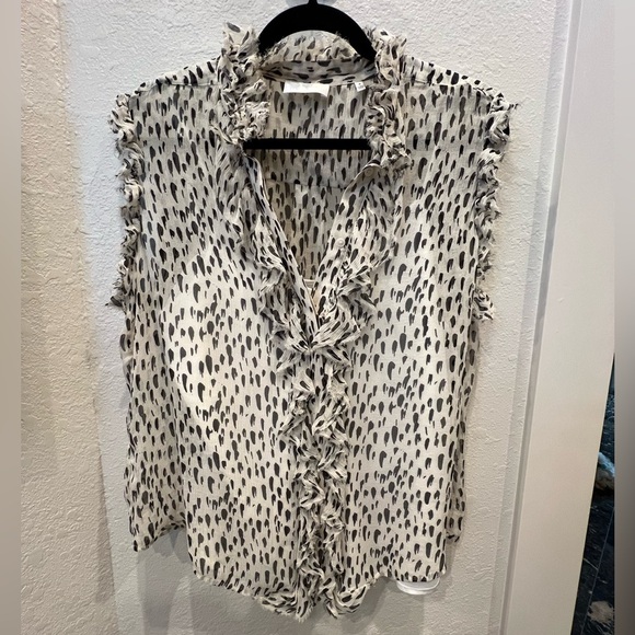 7 FOR ALL MANKIND Sleeveless Top With Ruffles in Snow Leopard/Black & White-Med - Picture 4 of 11